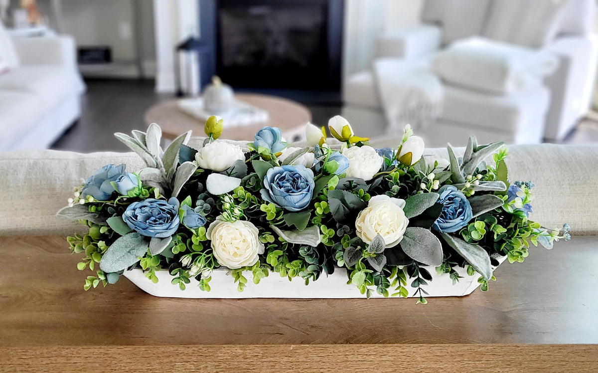 Farmhouse Table Centerpiece – Blue White Silk Flowers Dough Bowl