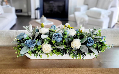 Farmhouse Table Centerpiece – Blue White Silk Flowers Dough Bowl