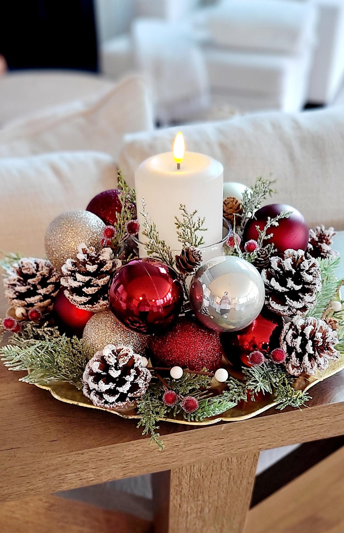 Rustic Christmas Centerpiece Farmhouse Holiday Table Styling Red White Gold Ornament Arrangement Festive Candle Holder Display Frosted Pinecones Evergreen Sprigs Winter Seasonal Styling Dining Table Coffee Table Mantel Ready Made Christmas