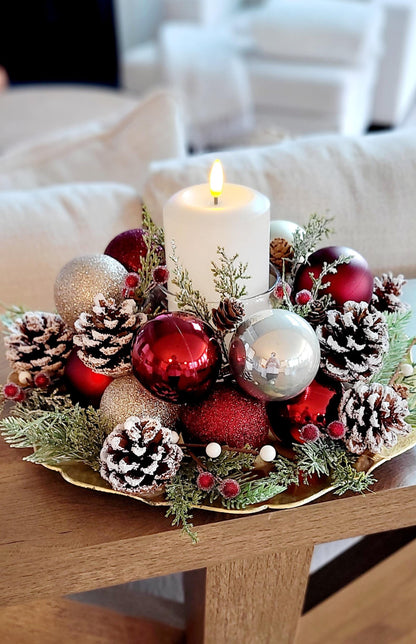 Rustic Christmas Centerpiece Farmhouse Holiday Table Styling Red White Gold Ornament Arrangement Festive Candle Holder Display Frosted Pinecones Evergreen Sprigs Winter Seasonal Styling Dining Table Coffee Table Mantel Ready Made Christmas