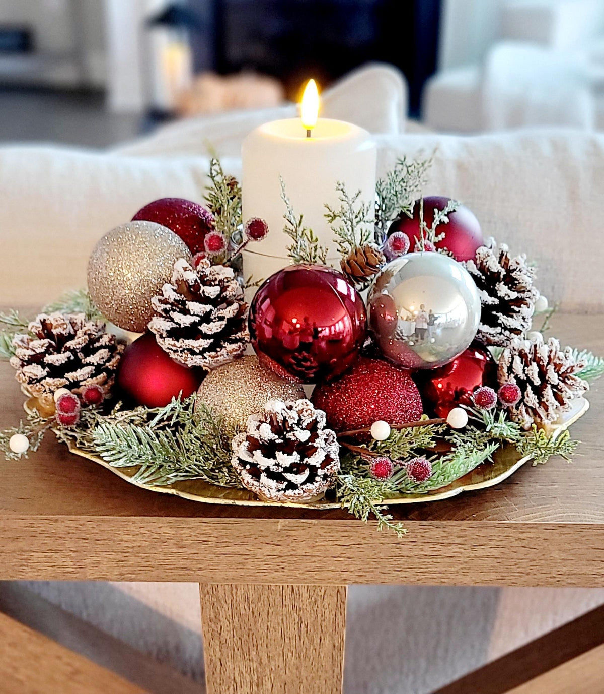 Christmas Candle Centerpiece – Handmade Farmhouse with Pinecones