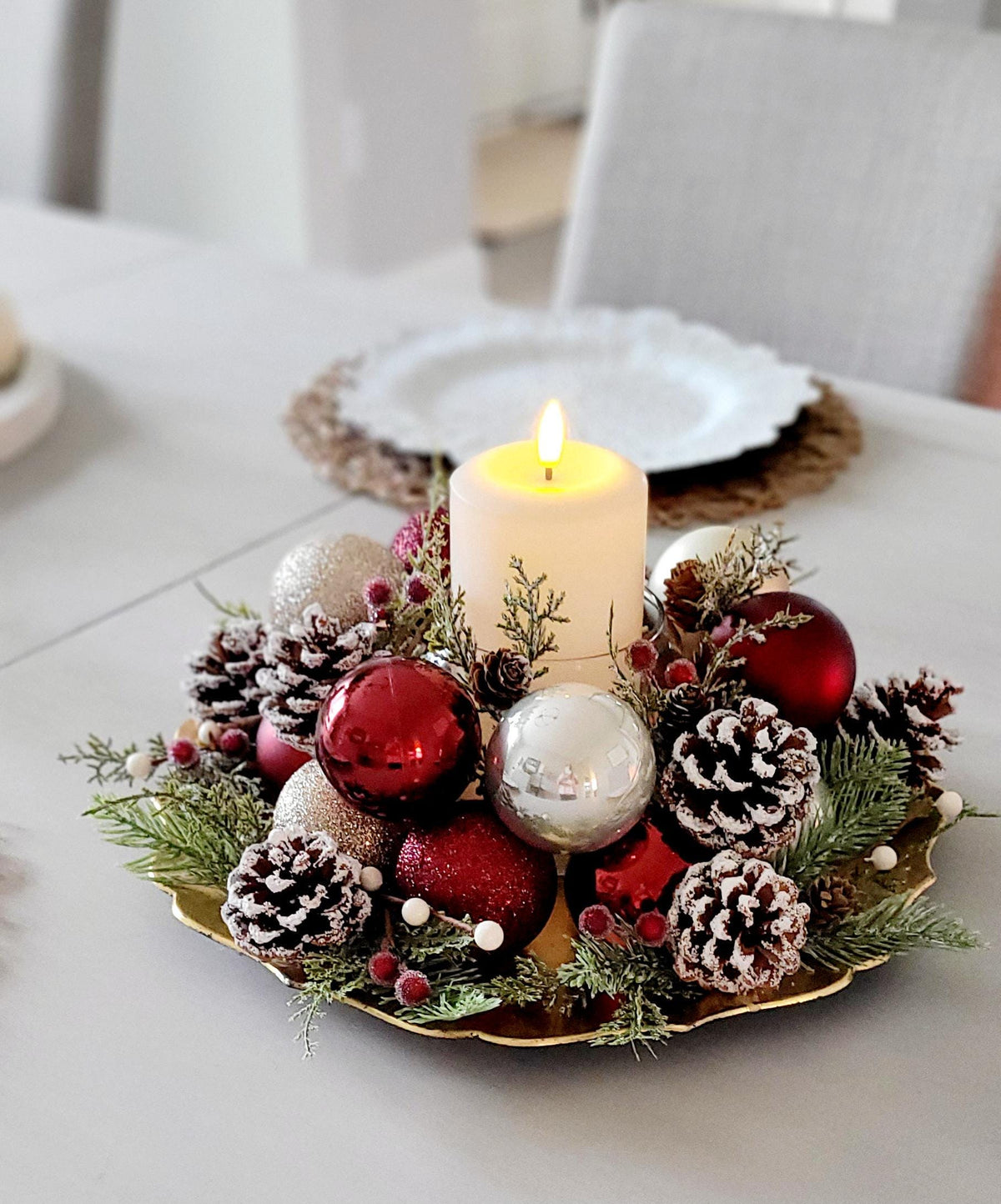 Christmas Table Centerpiece – Farmhouse Rustic Red Candle