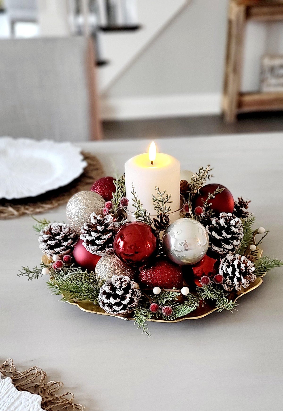Christmas Candle Centerpiece – Handmade Farmhouse with Pinecones