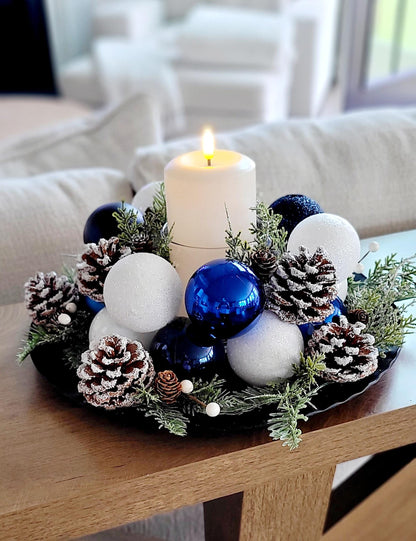 Winter Table Centerpiece Christmas Candle Arrangement Handcrafted Rustic Farmhouse Design Holiday Dining Display Festive Red Ornaments Natural Pine Greenery Pinecone Collection Seasonal Home Styling Traditional Appeal Modern Christmas