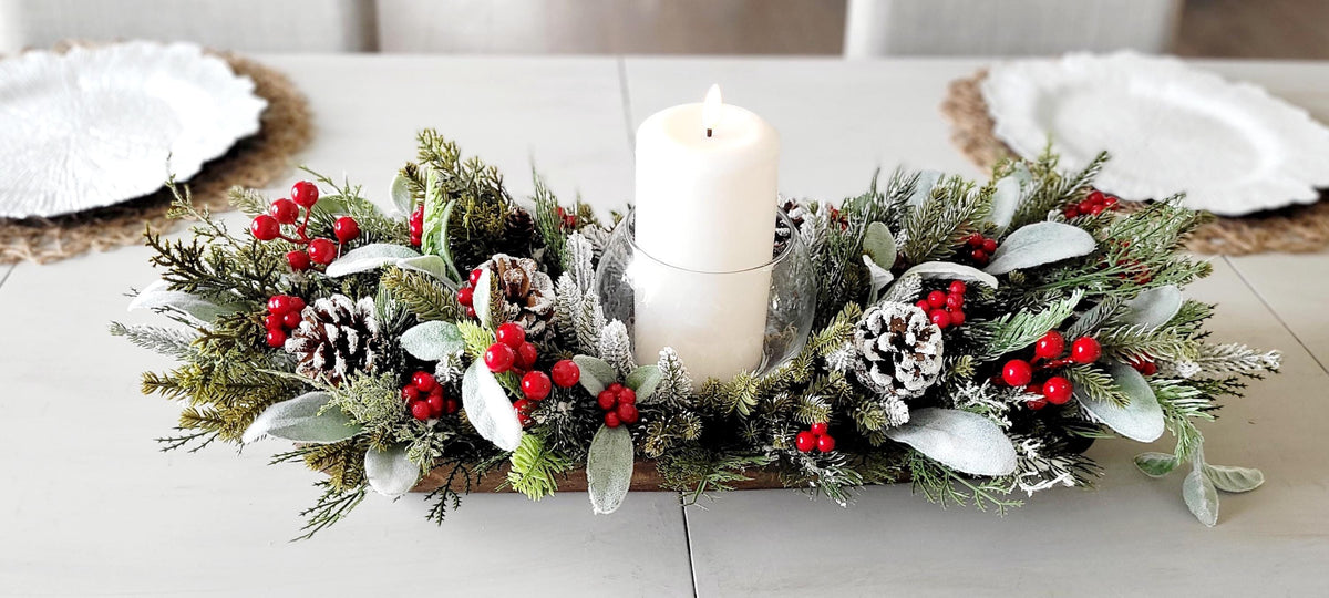 Handcrafted Wooden Dough Bowl Christmas Arrangement Farmhouse Winter Wedding Centerpiece Rustic Pine Branches Frosted Pinecones Red Berry Styling Snow Dusted Greenery Glass Candle Holder Display Perfect Table Setting Mantel Accent Kitchen