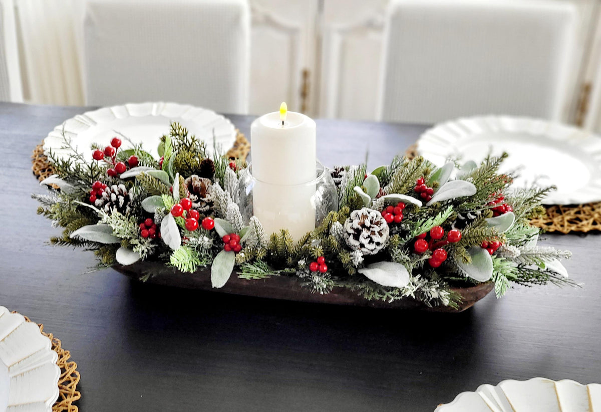Farmhouse Christmas Styling Rustic Wooden Dough Bowl Centerpiece Winter Holiday Arrangement Pine Branches Frosted Pinecones Red Berry Accents Snow Dusted Greenery Glass Candle Holder Handcrafted Seasonal Display Ready To Use Perfect Dining