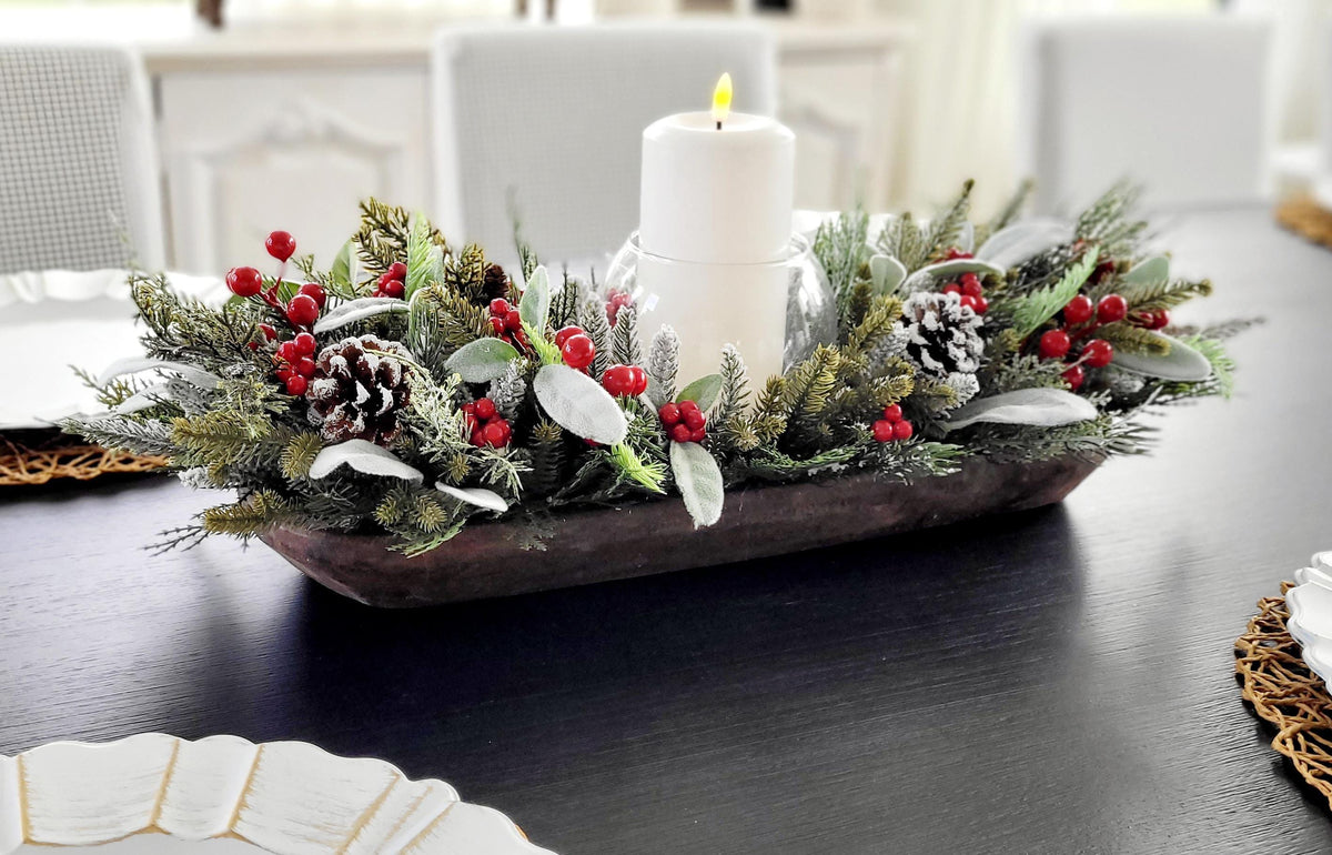Christmas Dough Bowl Centerpiece – Handcrafted Farmhouse Pine Decor