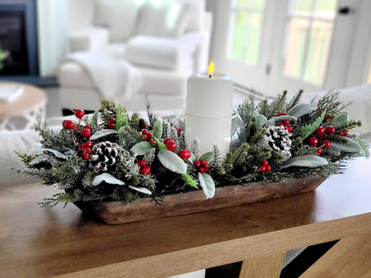 Christmas Dough Bowl Centerpiece – Handcrafted Farmhouse Pine Decor
