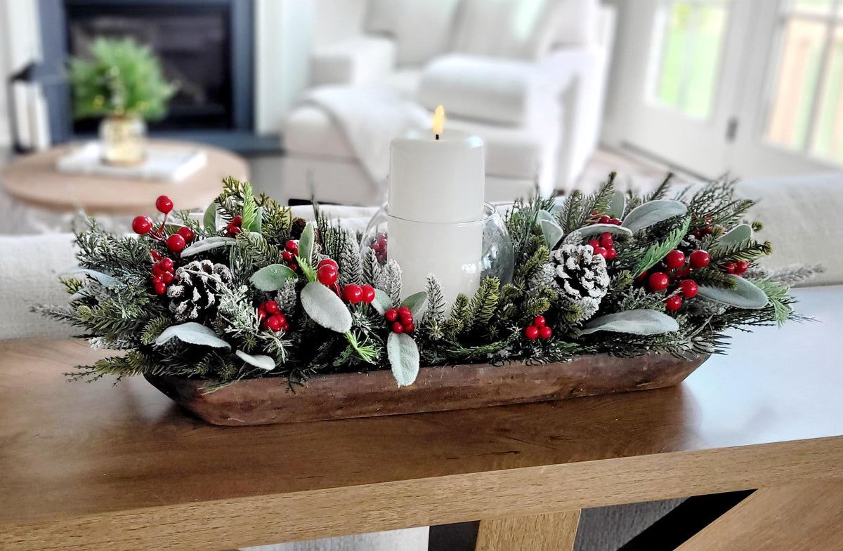 Christmas Dough Bowl Centerpiece – Handcrafted Farmhouse Pine Decor