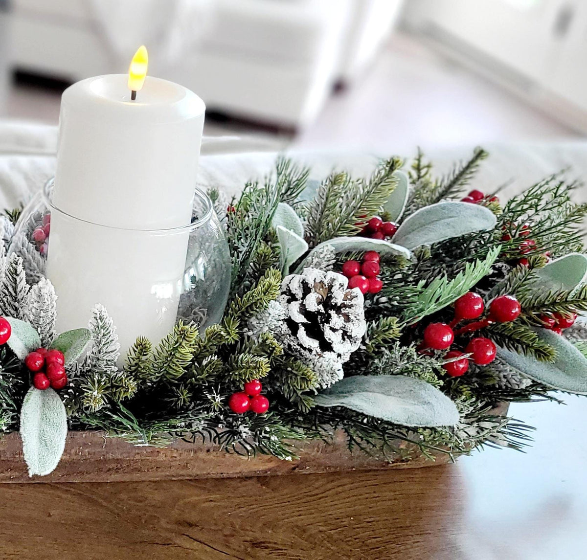 Christmas Dough Bowl Centerpiece – Handcrafted Farmhouse Pine Decor