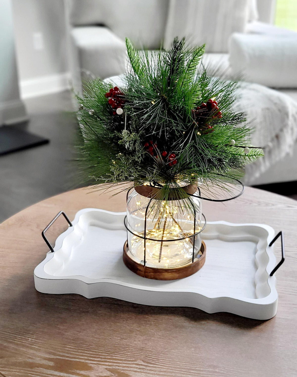 Christmas Lantern Centerpiece – Lighted Farmhouse Pine Berry Table