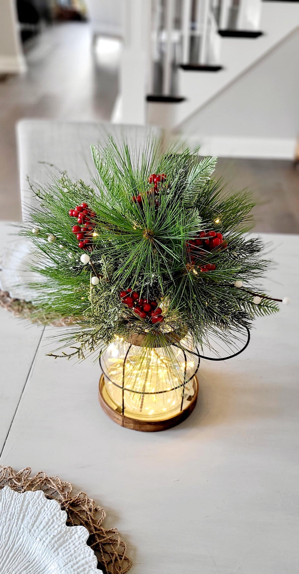 Christmas Lantern Centerpiece – Lighted Farmhouse Pine Berry Table
