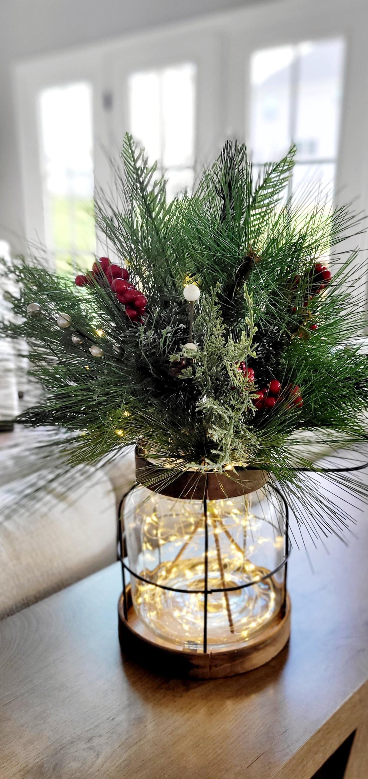 Christmas Lantern Centerpiece – Lighted Farmhouse Pine Berry Table
