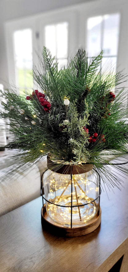 Christmas Lantern Centerpiece – Lighted Farmhouse Pine Berry Table
