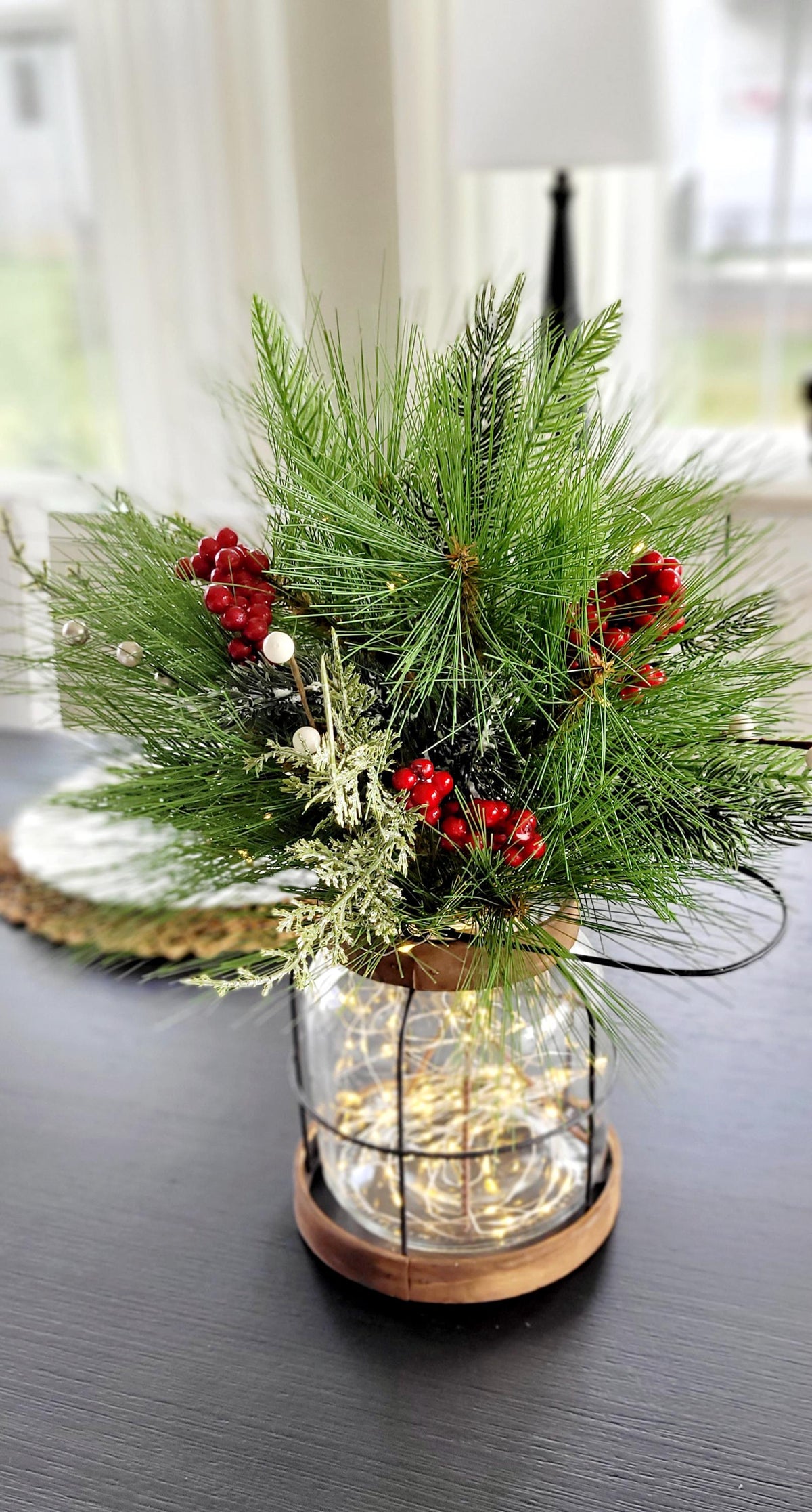 Christmas Lantern Centerpiece – Lighted Farmhouse Pine Berry Table