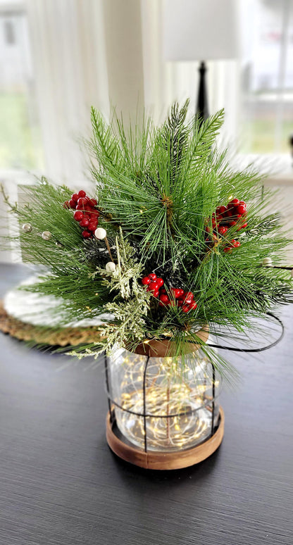Christmas Lantern Centerpiece – Lighted Farmhouse Pine Berry Table