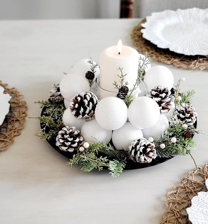 Christmas Table Centerpiece – White Ornament Farmhouse Arrangement