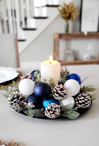 Christmas Table Centerpiece – White Ornament Farmhouse Arrangement