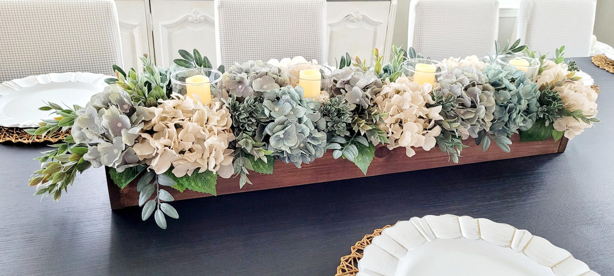 Farmhouse Table Centerpiece – Hydrangea Wood Box with Candles