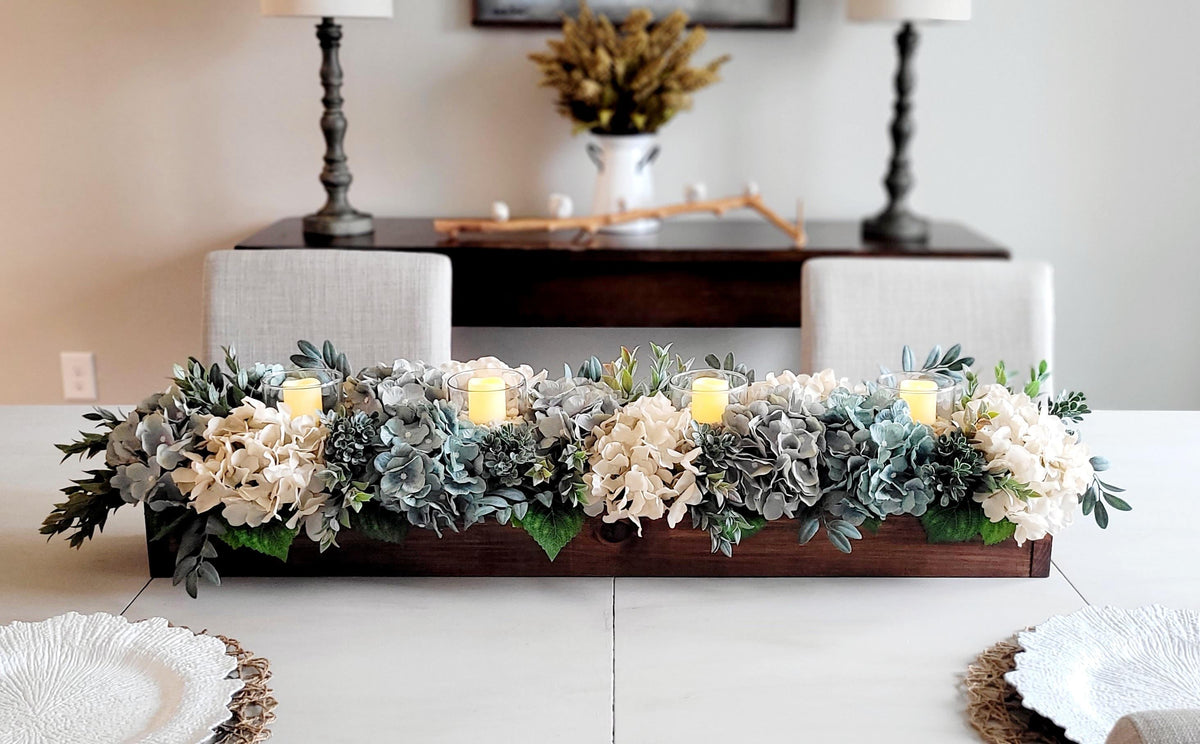 Handcrafted Floral Box Centerpiece Wooden Tray With Artificial Hydrangeas White Cream Dusty Blue Flowers Integrated LED Candles Eucalyptus Greenery Rustic Country Style Design Long Rectangular Shape Perfect For Dining Tables Coffee Tables