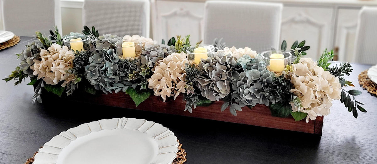 Farmhouse Table Centerpiece – Hydrangea Wood Box with Candles