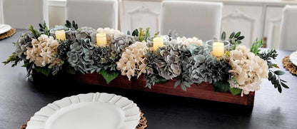 Farmhouse Table Centerpiece – Hydrangea Wood Box with Candles
