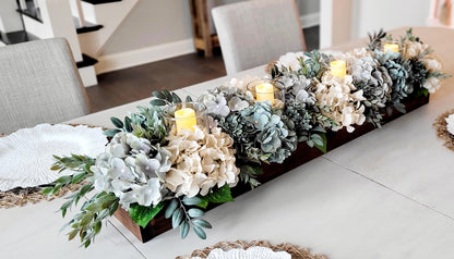 Artificial Hydrangea Arrangement In Wooden Box Dusty Blue White Cream Floral Centerpiece With Candles Long Rectangular Display For Dining Room Table Coffee Table Mantel Styling Handcrafted Botanical Design Eucalyptus Greenery Accents
