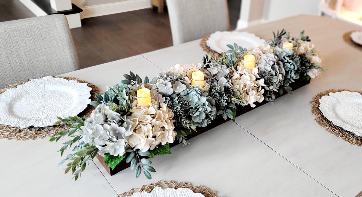 Farmhouse Table Centerpiece – Hydrangea Wood Box with Candles