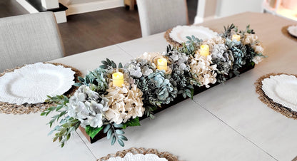 Farmhouse Table Centerpiece – Hydrangea Wood Box with Candles