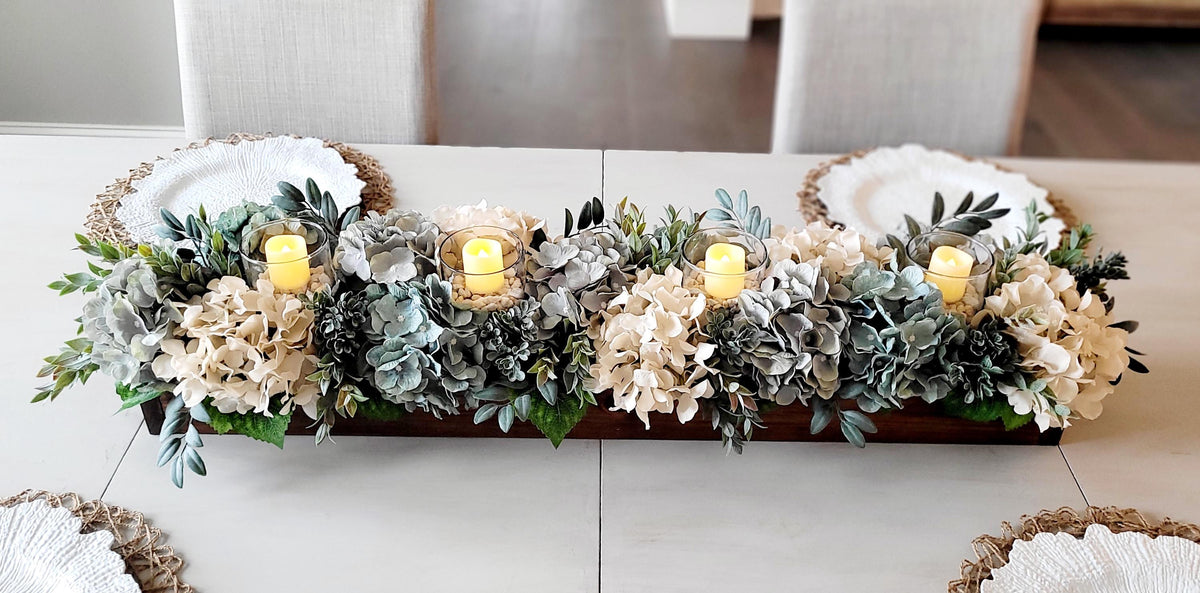 Farmhouse Table Centerpiece – Hydrangea Wood Box with Candles