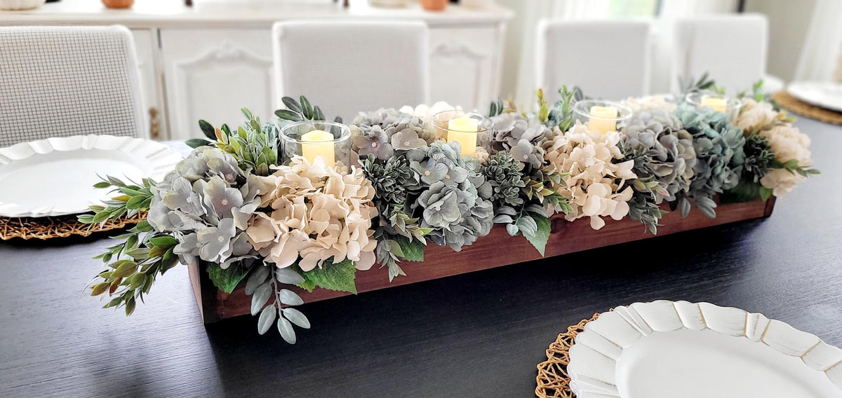 Farmhouse Table Centerpiece – Hydrangea Wood Box with Candles