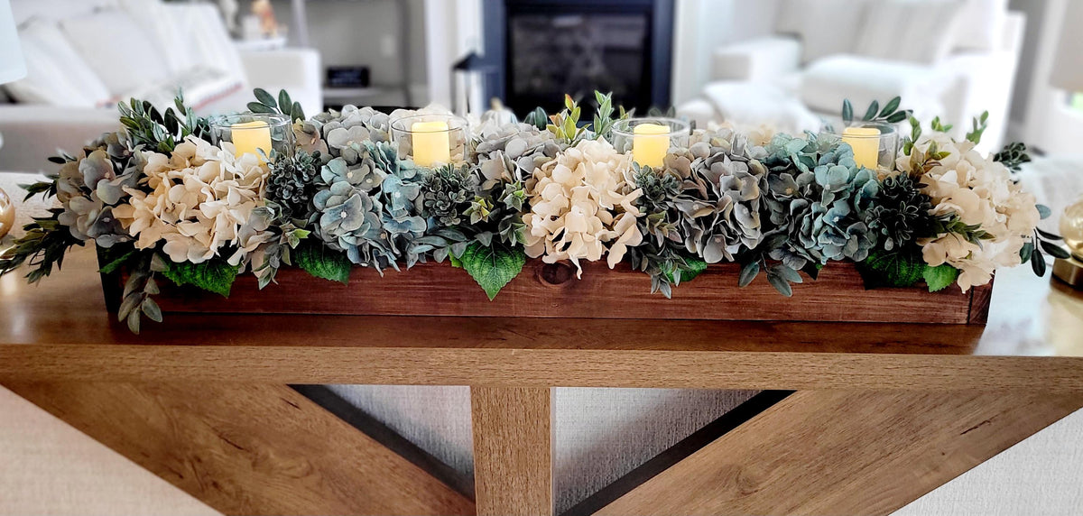 Farmhouse Table Centerpiece – Hydrangea Wood Box with Candles