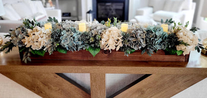 Farmhouse Table Centerpiece – Hydrangea Wood Box with Candles
