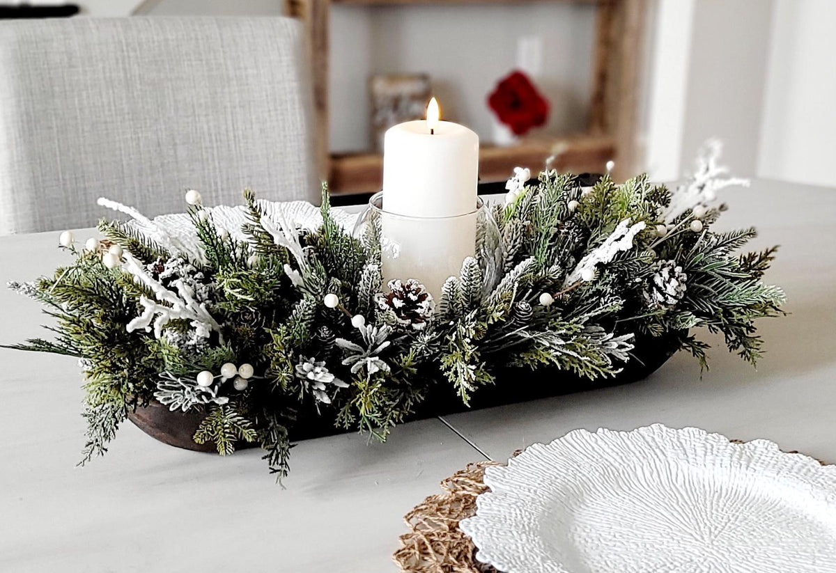 Wooden Dough Bowl Winter Centerpiece White Candle Arrangement Farmhouse Dining Table Display Hand Carved Rustic Tray Frosted Pine Branches White Berry Accents Ready To Display Wedding Reception Styling Mantel Coffee Table Home Styling Gift