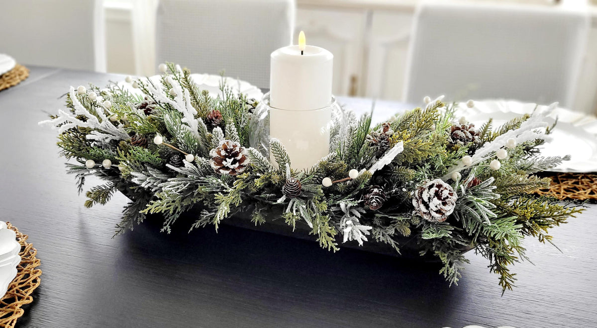 Winter Table Centerpiece – Wooden Dough Bowl with White Candle Decor
