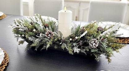 Winter Table Centerpiece – Wooden Dough Bowl with White Candle Decor