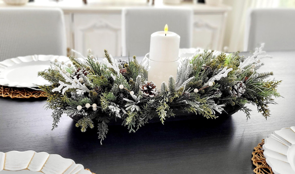 Winter Table Centerpiece – Wooden Dough Bowl with White Candle Decor