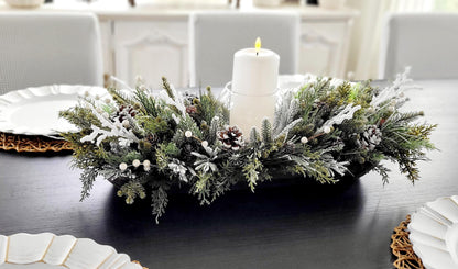 Winter Table Centerpiece – Wooden Dough Bowl with White Candle Decor