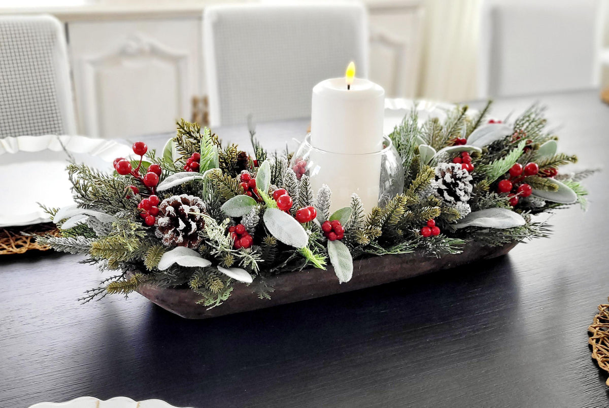 Winter Table Centerpiece – Wooden Dough Bowl with White Candle Decor