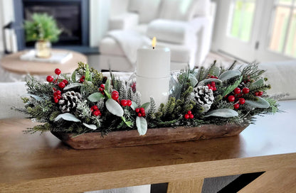 Winter Table Centerpiece – Wooden Dough Bowl with White Candle Decor