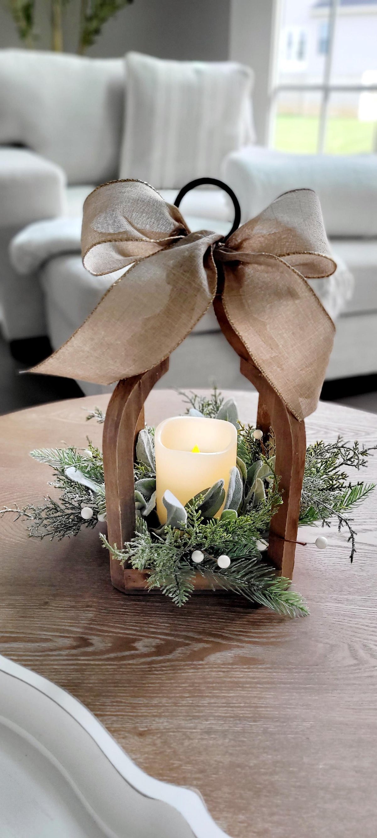 Christmas Lantern Centerpiece – Rustic Wooden Flameless