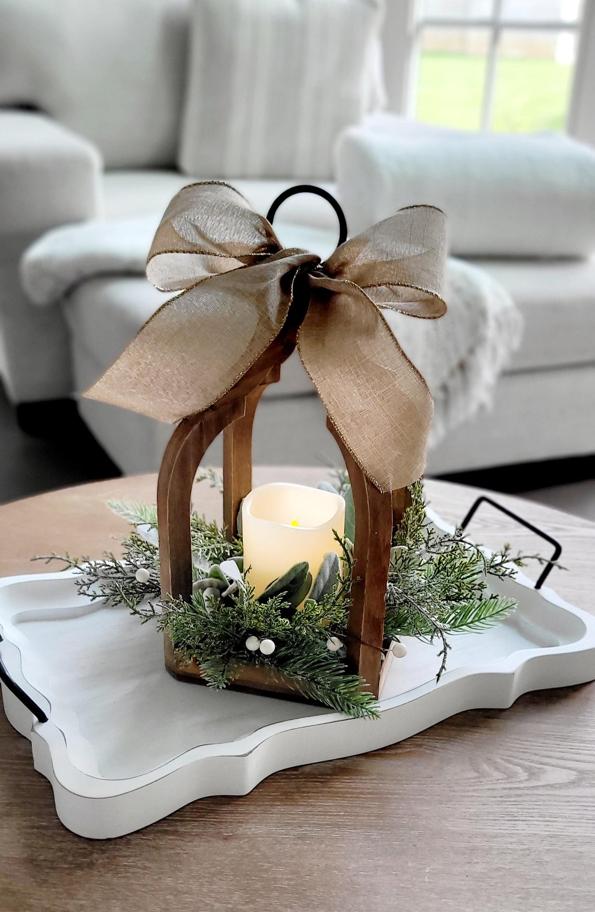 Christmas Lantern Centerpiece – Rustic Wooden Flameless
