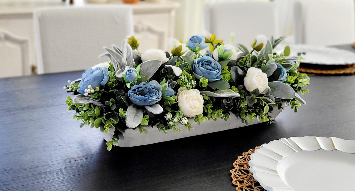 Artificial Silk Flower Centerpiece Maintenance Free Arrangement Blue White Peony Collection Wooden Dough Bowl Display Farmhouse Table Styling Dining Room Kitchen Island Console Table Accent Rustic Home Design Lambs Ear Greenery Ready To