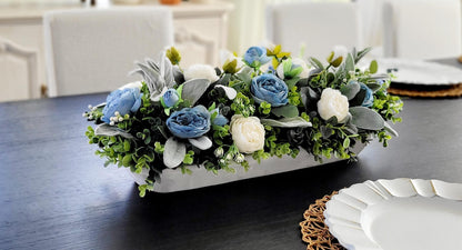 Artificial Silk Flower Centerpiece Maintenance Free Arrangement Blue White Peony Collection Wooden Dough Bowl Display Farmhouse Table Styling Dining Room Kitchen Island Console Table Accent Rustic Home Design Lambs Ear Greenery Ready To