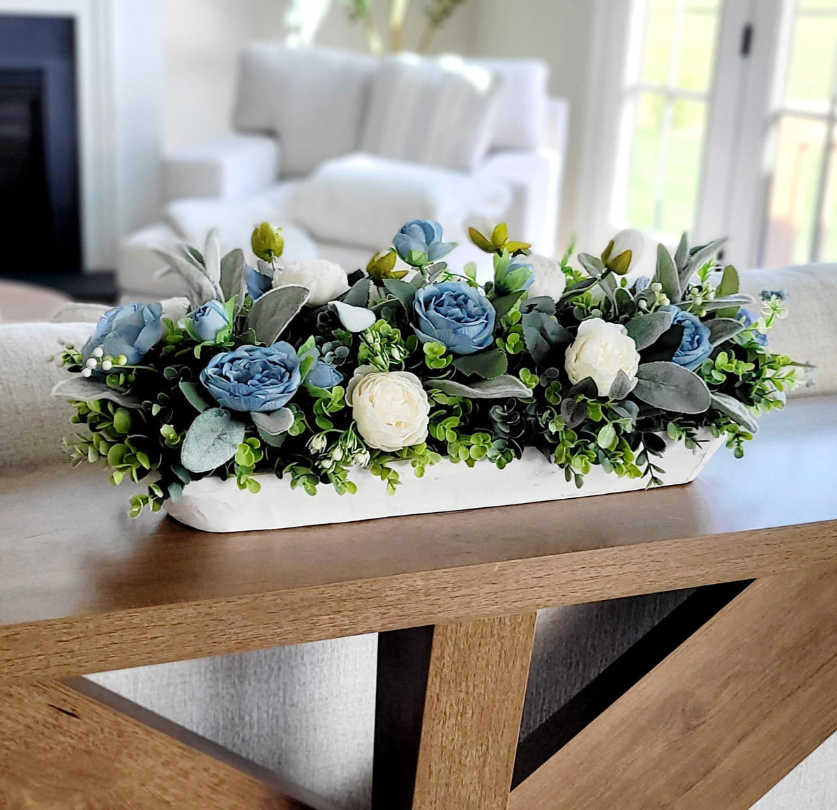 Farmhouse Table Centerpiece – Blue White Silk Flowers Dough Bowl