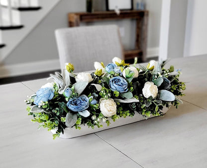 Farmhouse Table Centerpiece – Blue White Silk Flowers Dough Bowl