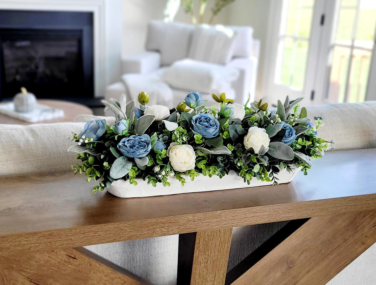Farmhouse Table Centerpiece – Blue White Silk Flowers Dough Bowl
