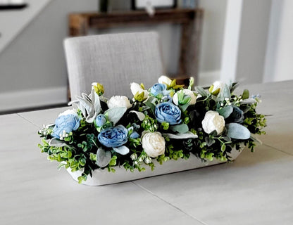 Farmhouse Table Centerpiece – Blue White Silk Flowers Dough Bowl