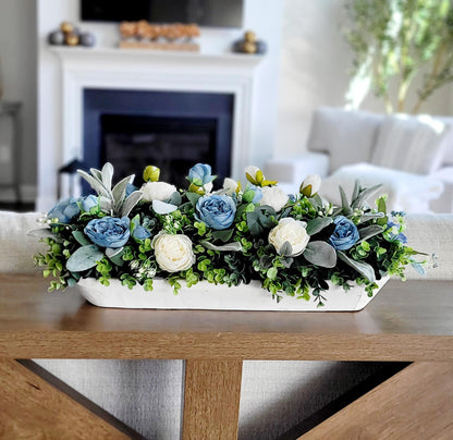 Farmhouse Table Centerpiece – Blue White Silk Flowers Dough Bowl