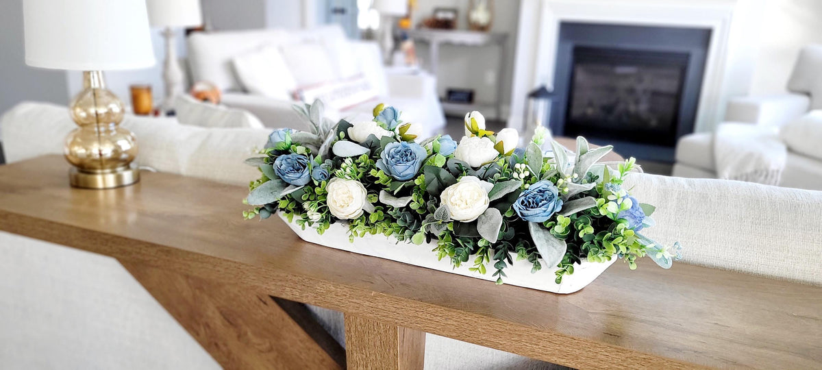 Farmhouse Table Centerpiece – Blue White Silk Flowers Dough Bowl